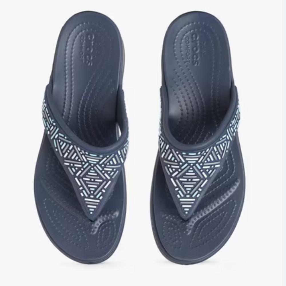 CROCS Women’s Monterey Beaded Wedge Flip Sandals Navy Blue S-606 Size 10